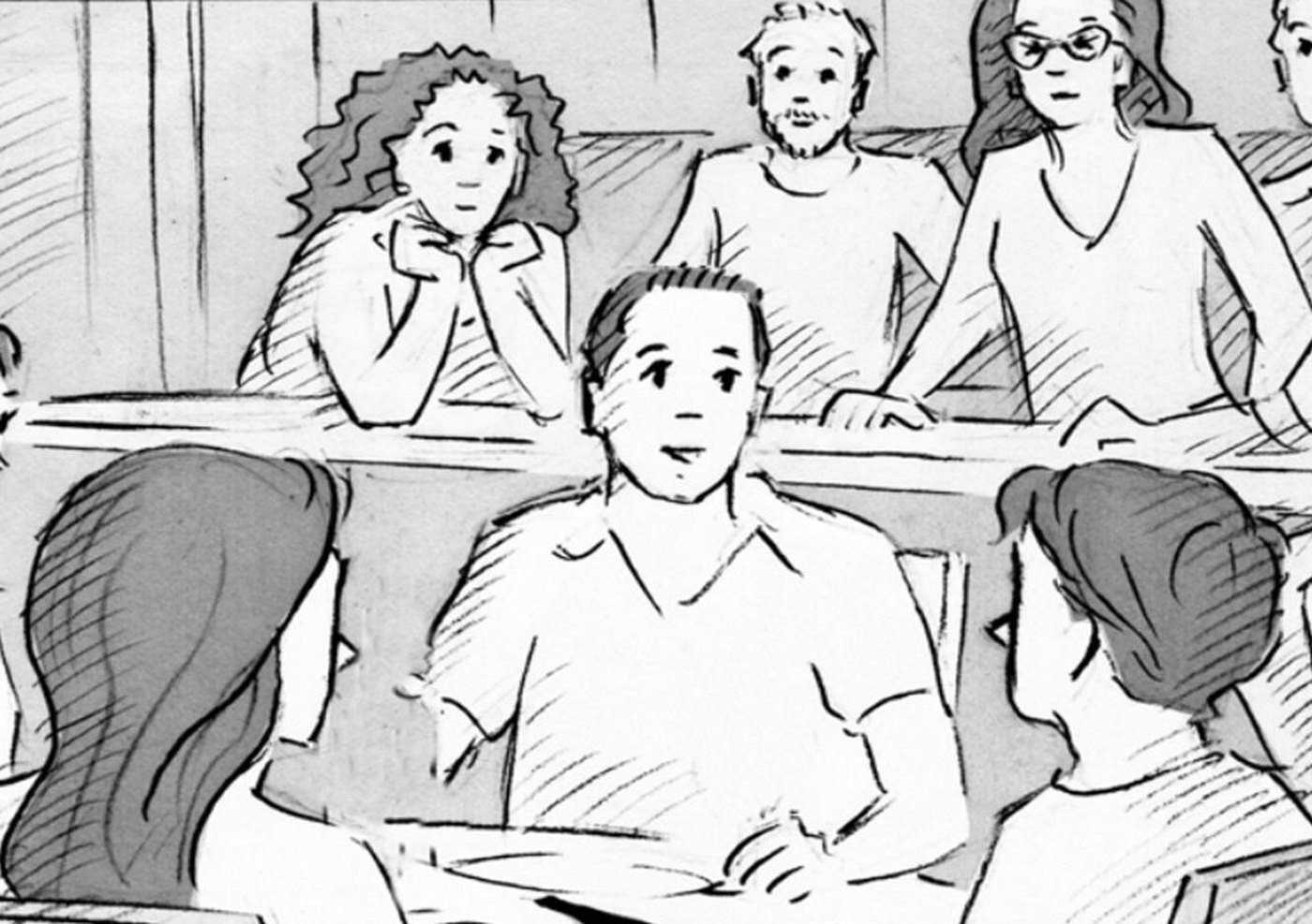 Storyboard for the same shot: the man at the table with family around him