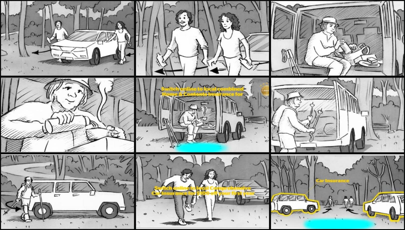 Contact sheet of nine storyboard panels for an outdoor car and truck commercial.
