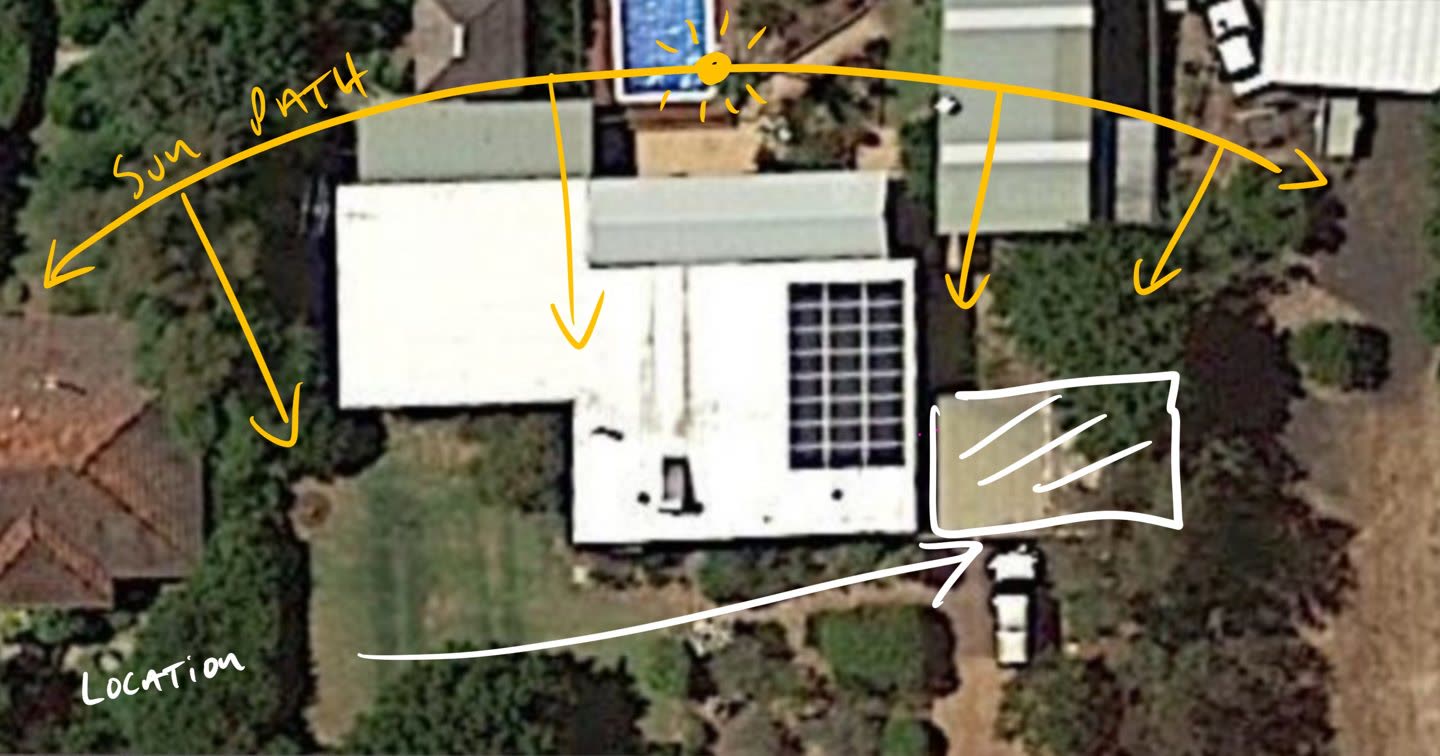 Aerial satellite view of a house with the sun path drawn over it in yellow.