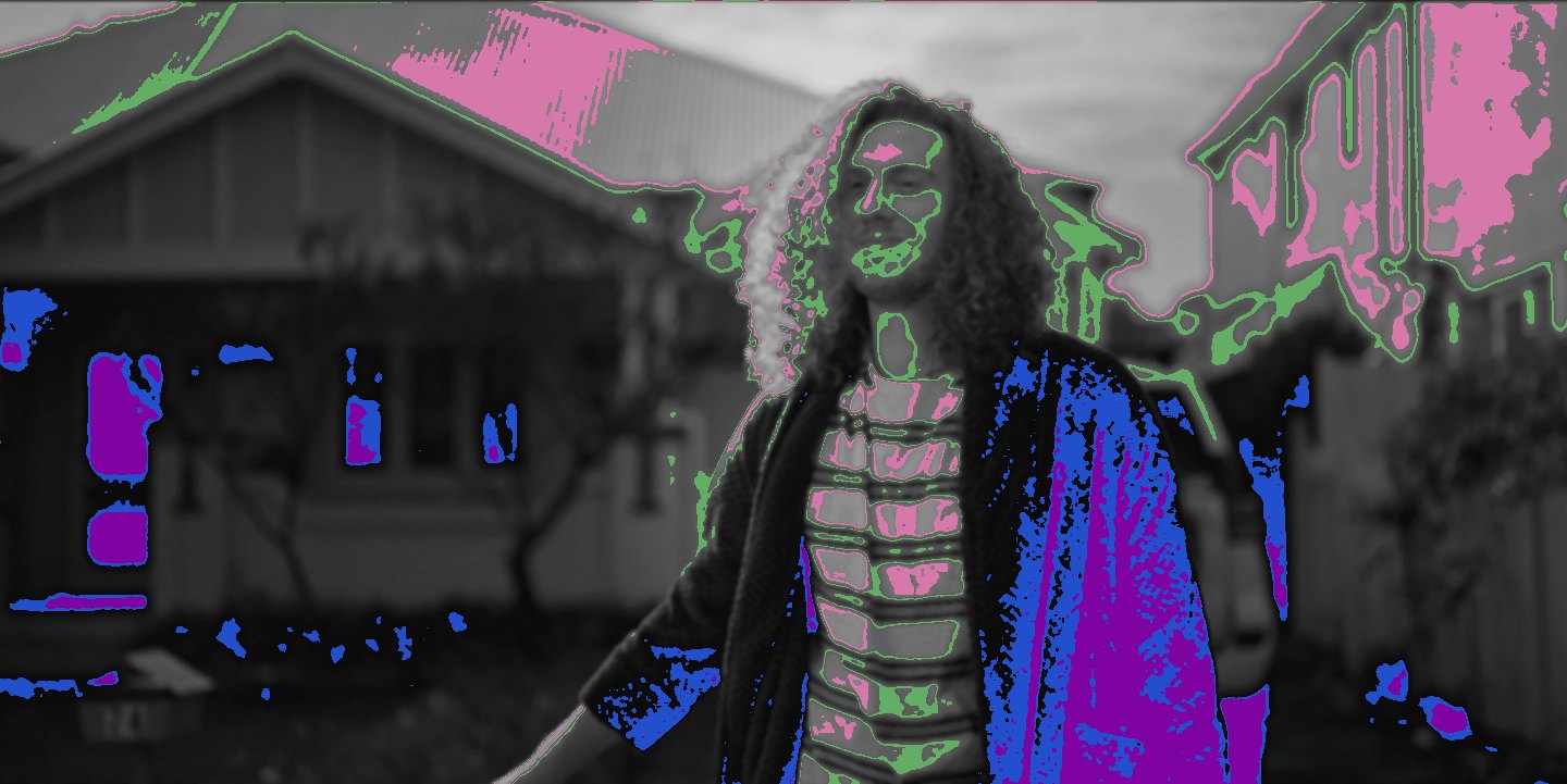 The same frame in false colour: the face reads green and pink around mid grey and a stop over, the dark cardigan reads blue and purple
