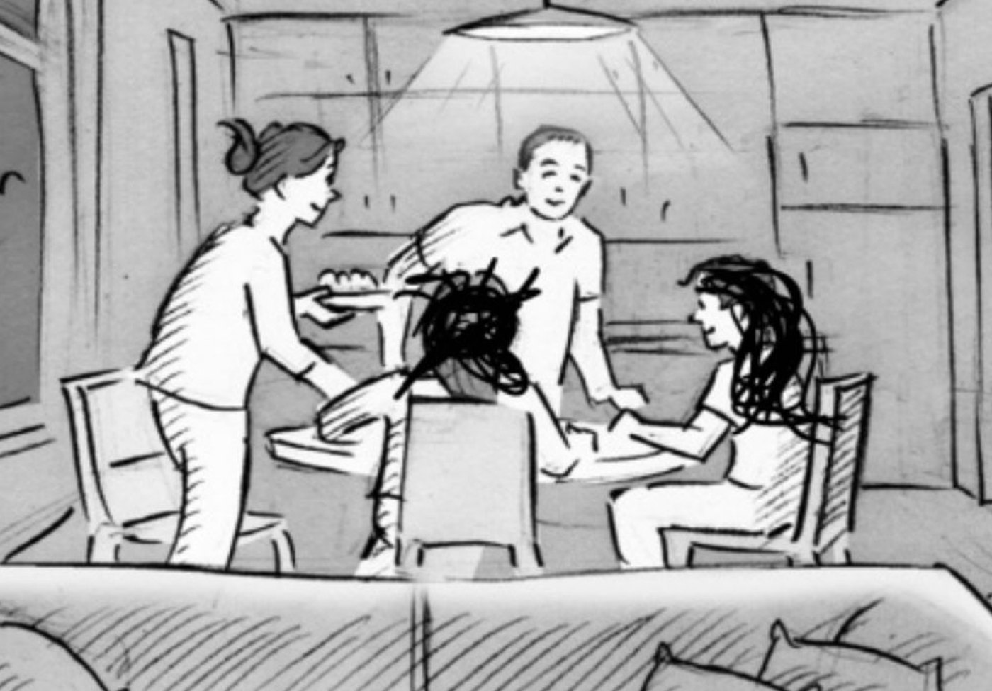 Storyboard for the same wide: the family gathering at the table under a hanging light, a sofa in the foreground