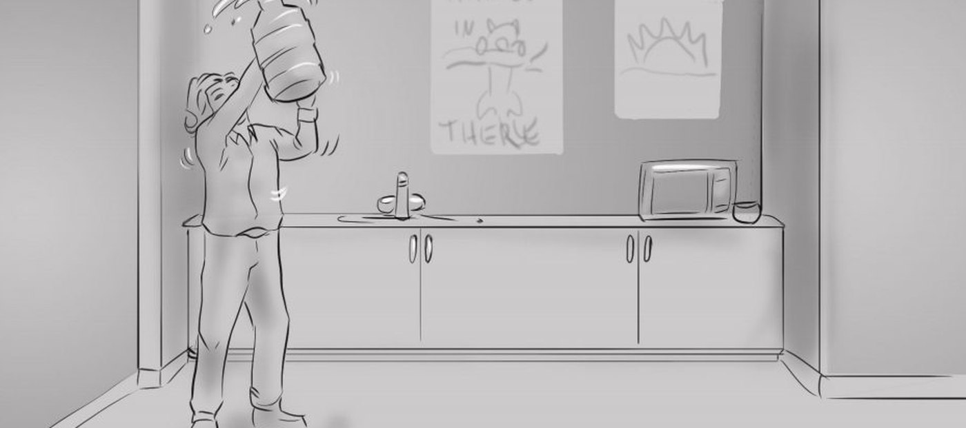 Storyboard for the same wide: the man lifts the water cooler bottle in front of the kitchen counter