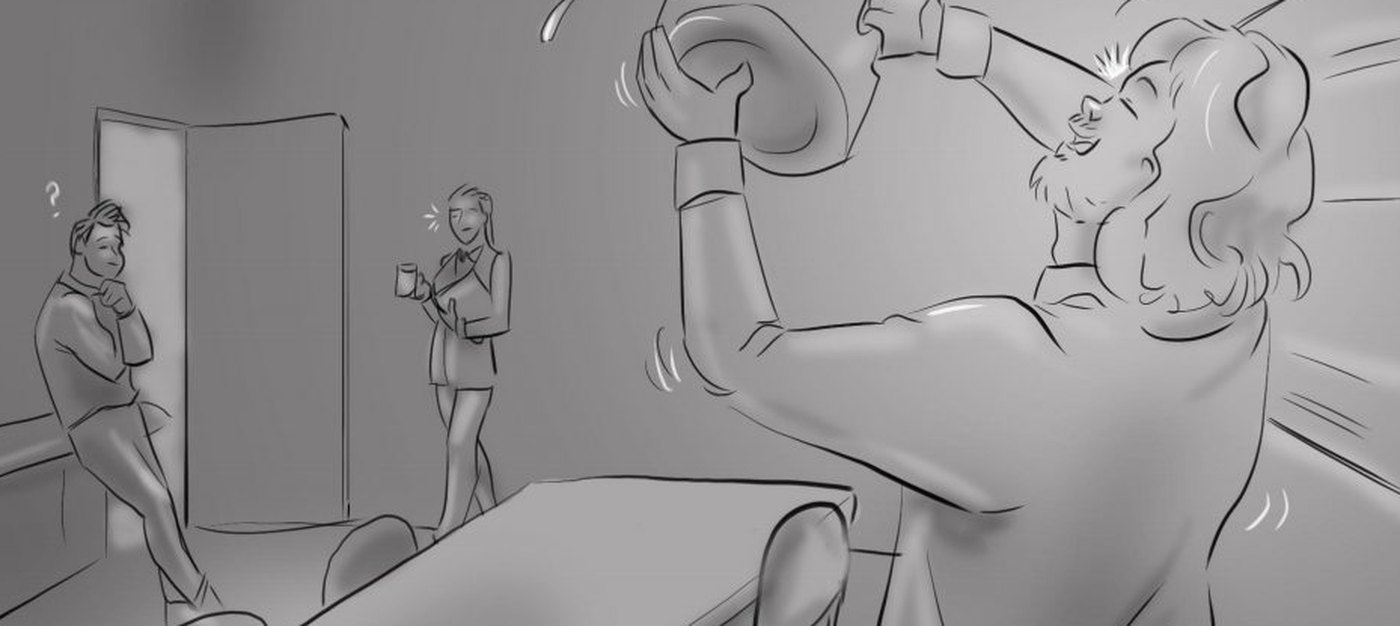 Storyboard for the reverse: the man drinks from the bottle in the foreground while two coworkers watch from the doorway