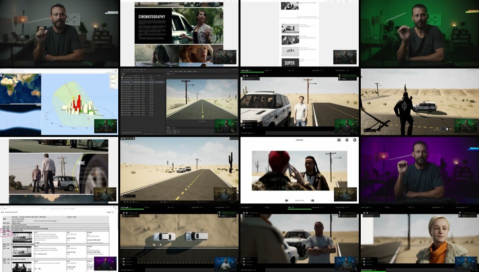 Contact sheet of sixteen stills from the course: Patrick presenting to camera, treatment pages, a sun-path map, scout photos of a desert road, the virtual desert set with a white SUV and actors, an overhead of two cars, and a shooting schedule.