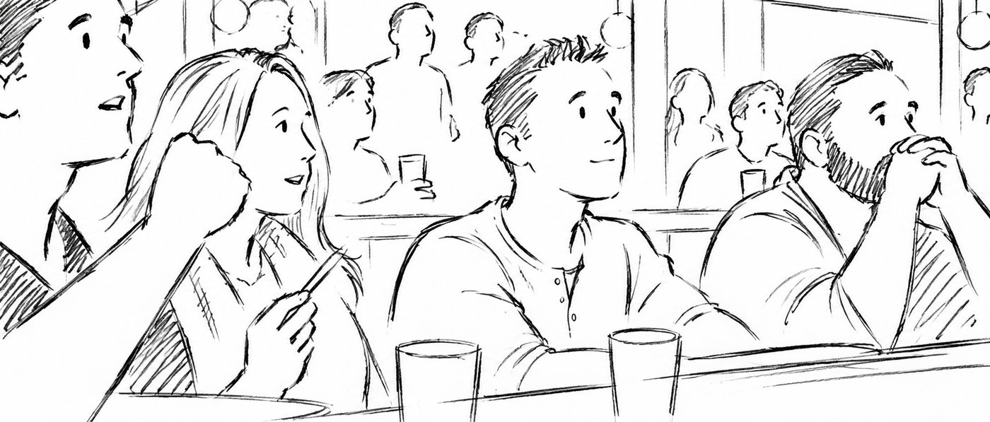 Storyboard of the same frame: the row of people at the bar, all facing the same way