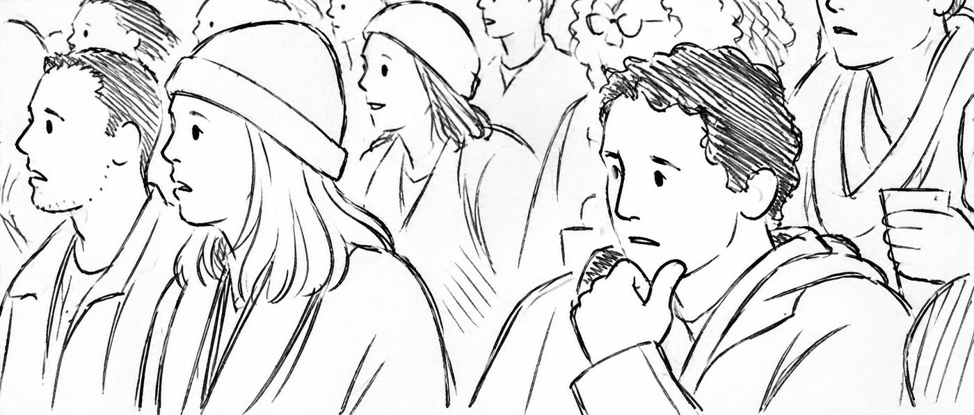 Storyboard of the same frame: the row of fans in the stands, all facing the same way