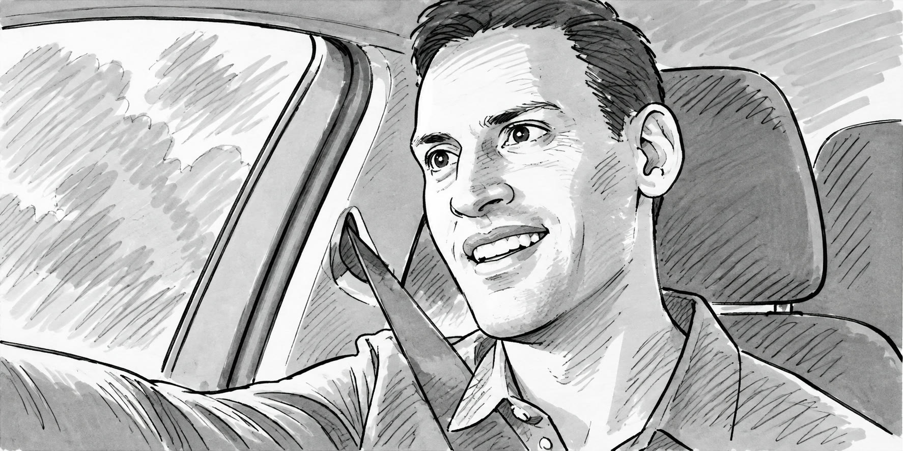Pencil board drawn to match the same shot: the driver smiling, seat belt across his chest