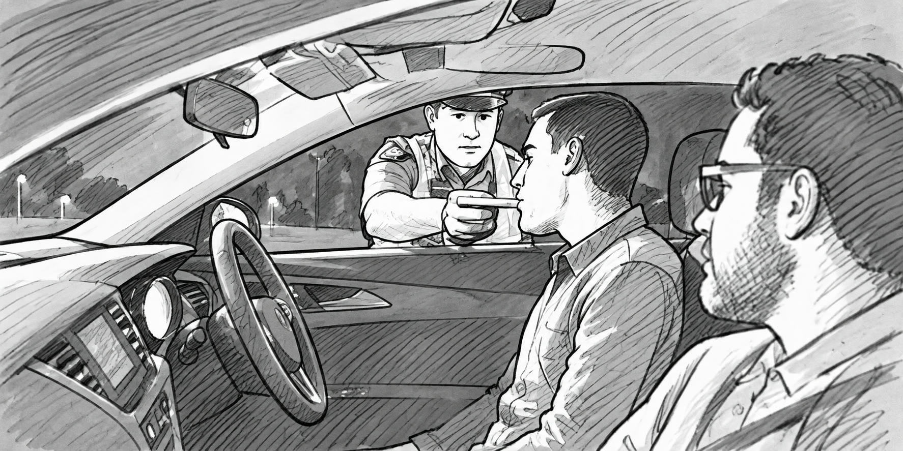 Pencil board drawn to match the same shot: the officer at the window, the driver and the passenger in the foreground